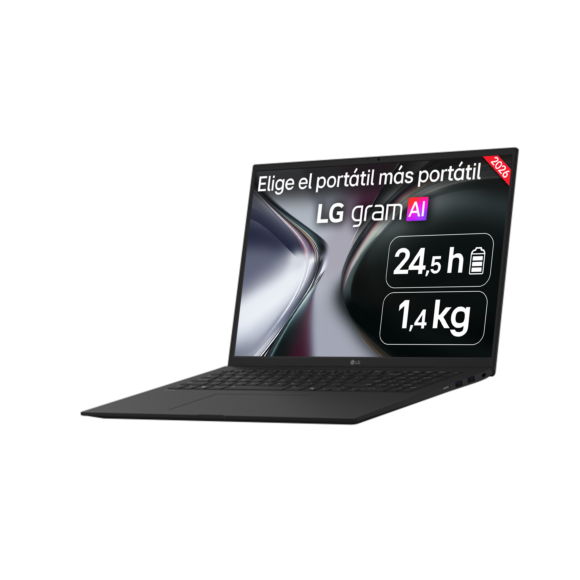Portátil negro LG gram AI con texto promocional en pantalla sobre duración de batería y peso.