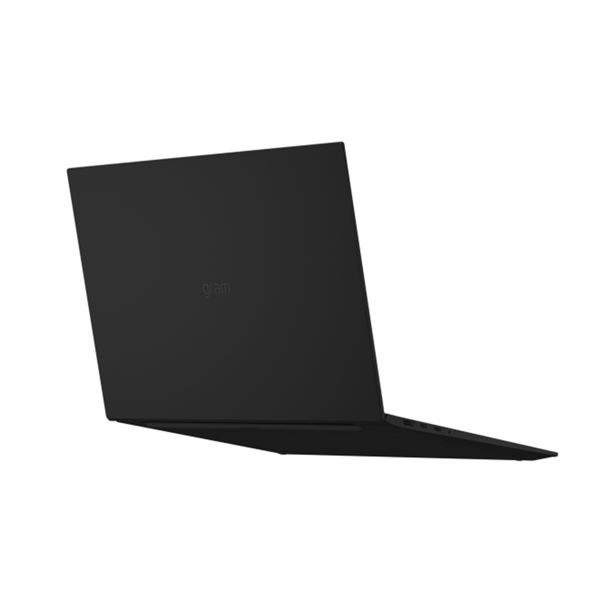 Una laptop LG Gram negra vista desde atrás sobre fondo blanco.