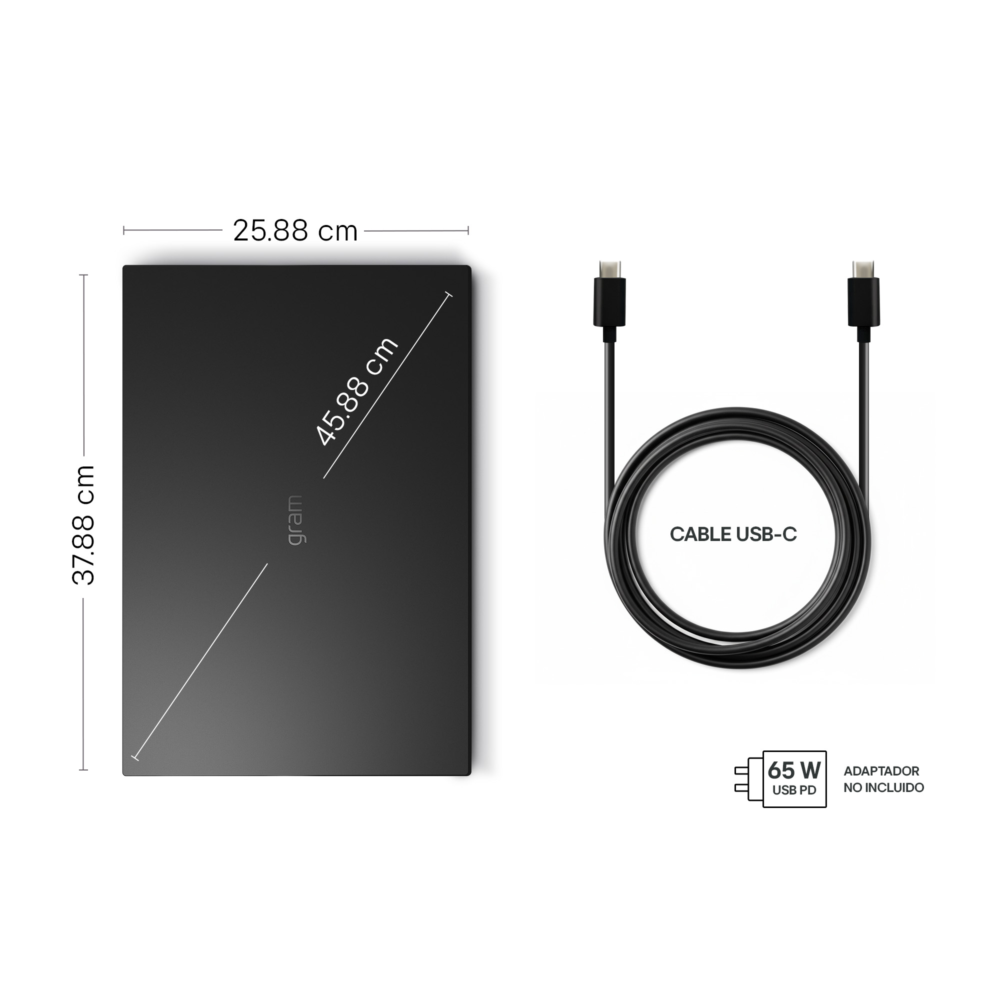 El diagrama muestra las dimensiones de un dispositivo negro y un cable USB-C; el adaptador de 65W no está incluido.