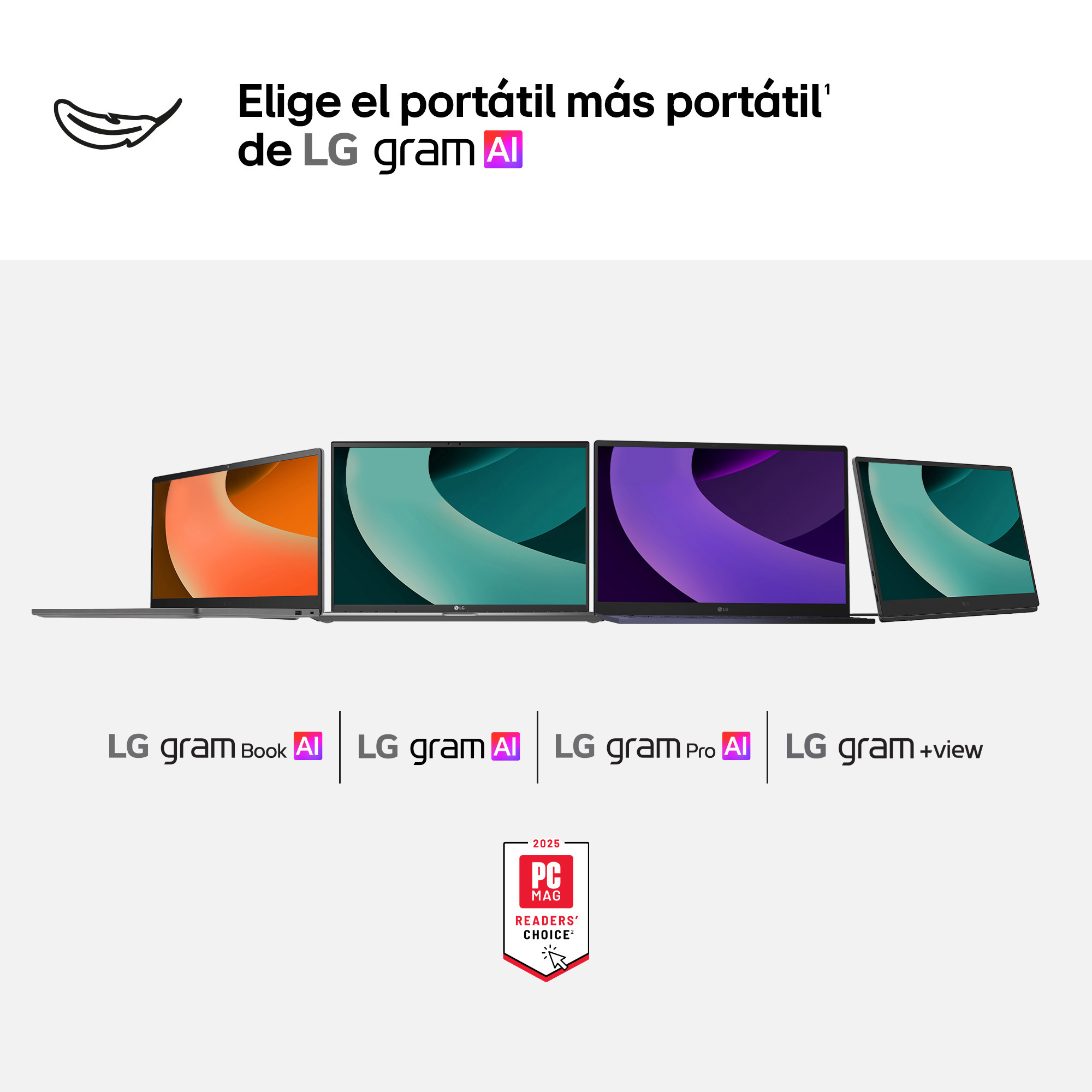 Cuatro portátiles LG Gram con pantallas coloridas y logotipos para LG gram Book AI, AI, Pro AI y +view sobre fondo blanco.