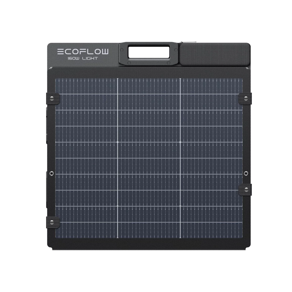 Un panel solar plegable EcoFlow 160W Light con marco negro, asa de transporte y celdas solares integradas.