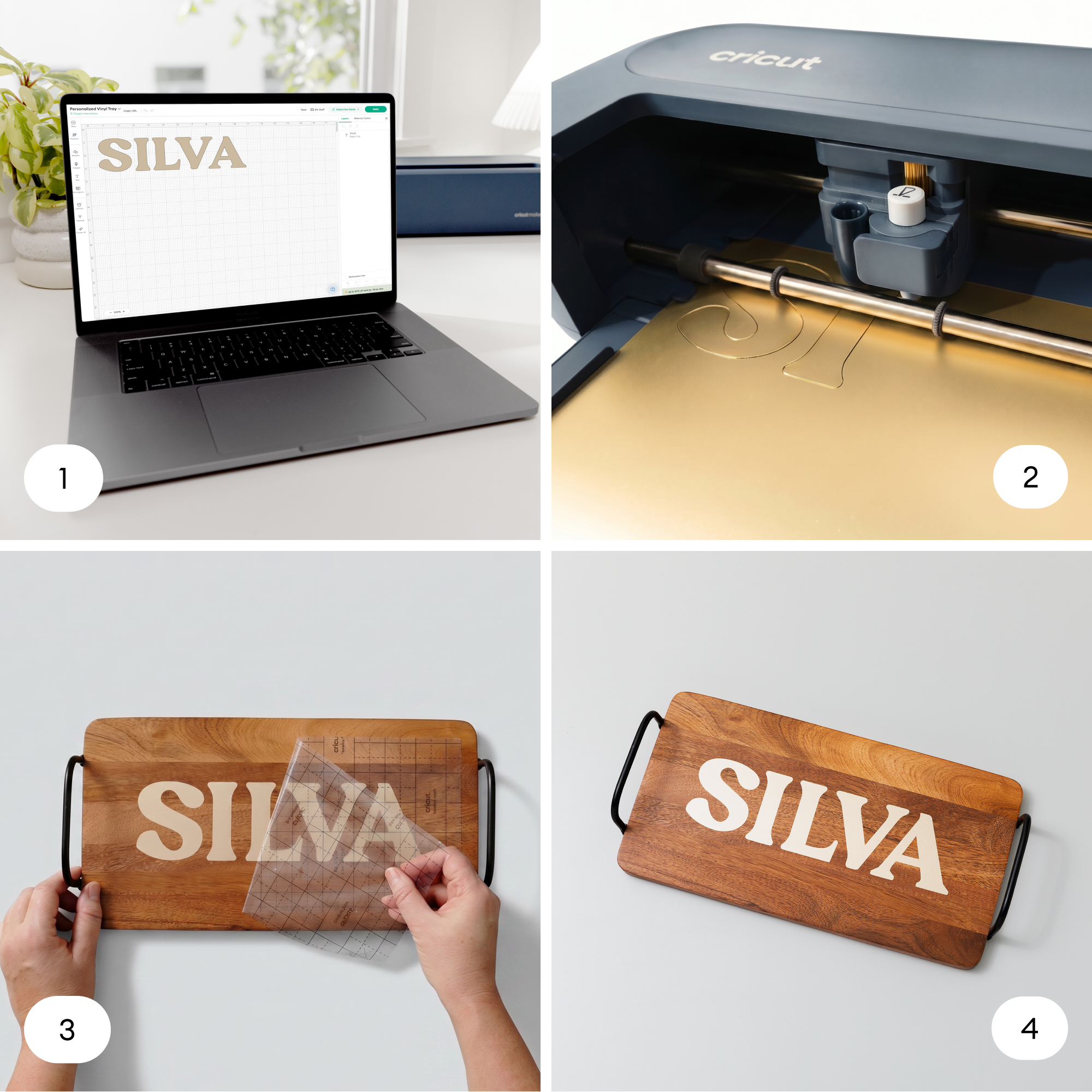 Cuatro pasos muestran cómo hacer una bandeja de madera personalizada usando una laptop, trazador y vinilo.