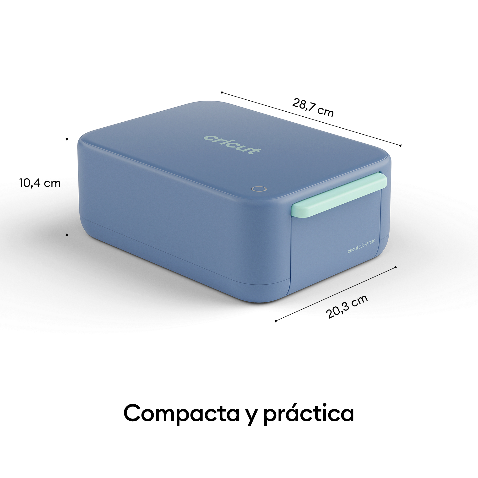 Dispositivo Cricut azul compacto con dimensiones de 28,7 cm de largo, 20,3 cm de ancho y 10,4 cm de alto en fondo blanco.