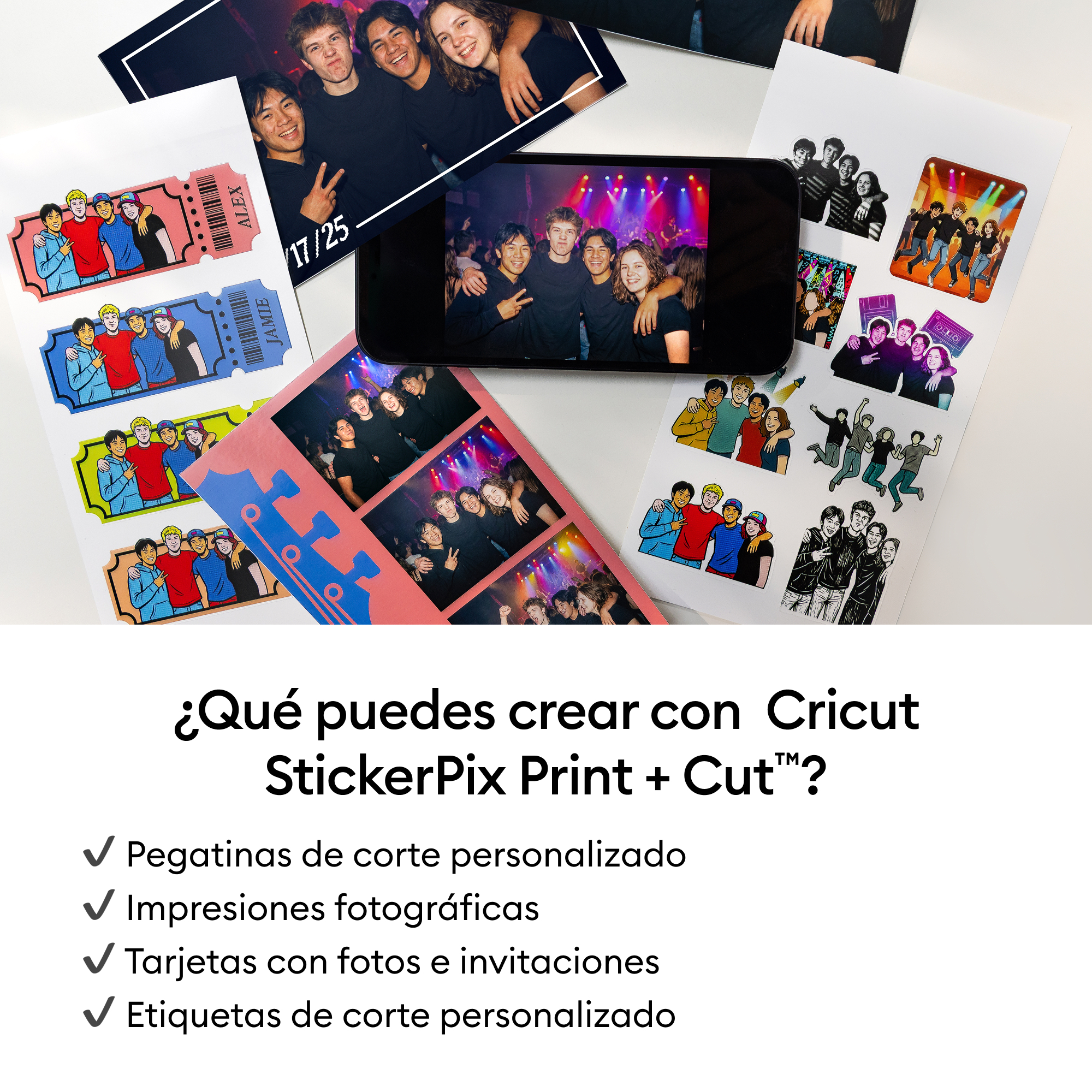 Un smartphone muestra una foto de concierto rodeada de hojas de pegatinas y tarjetas fotográficas, con texto abajo.