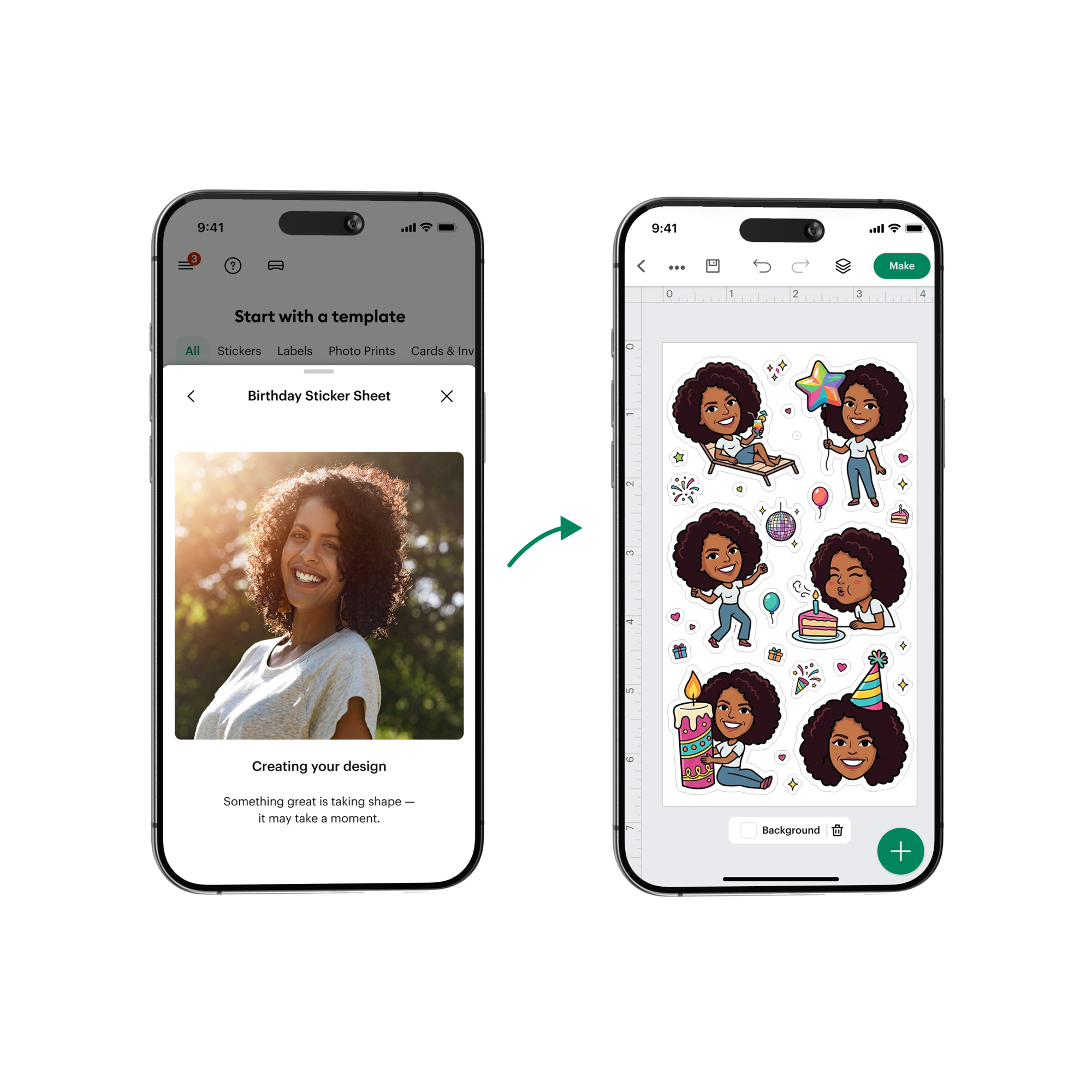 Dos teléfonos muestran la creación de pegatinas a partir de una foto en una app.