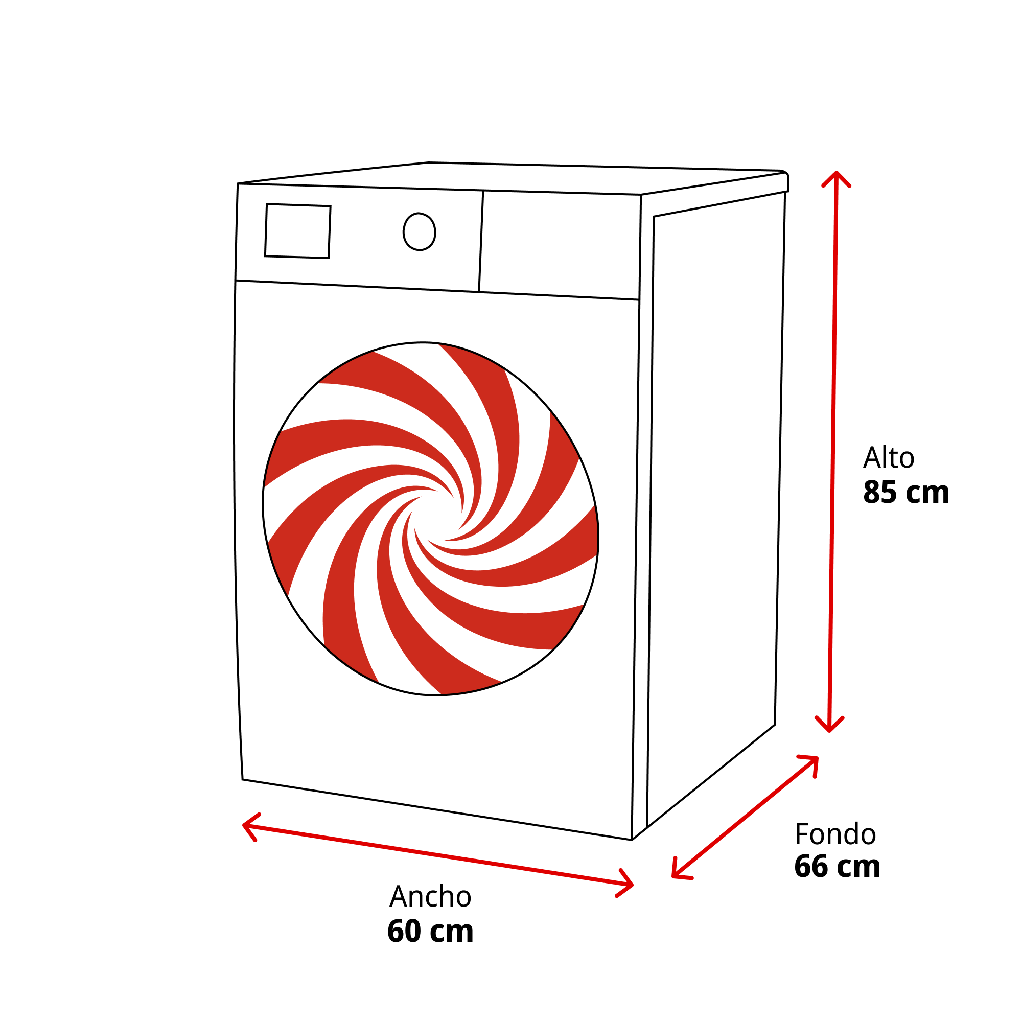 Diagrama de una lavadora con dimensiones: alto 85 cm, ancho 60 cm, fondo 66 cm.