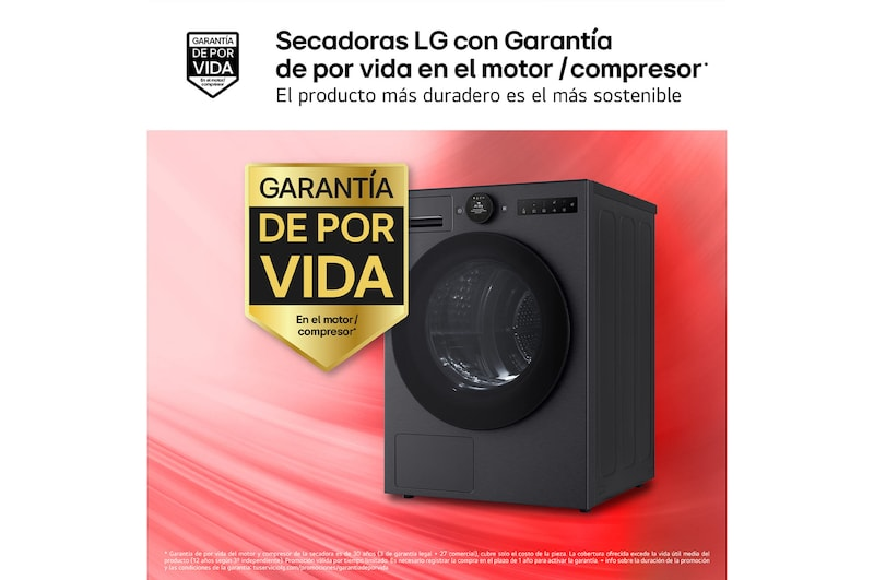 Secadora LG gris sobre fondo rojo con etiqueta dorada de garantía de por vida.