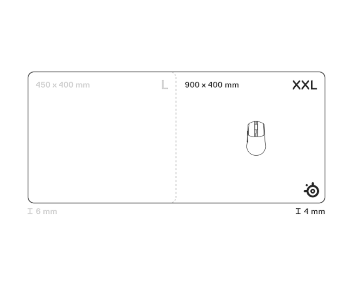 Diagram az L és XXL egérpad méretek összehasonlítására egér körvonallal.