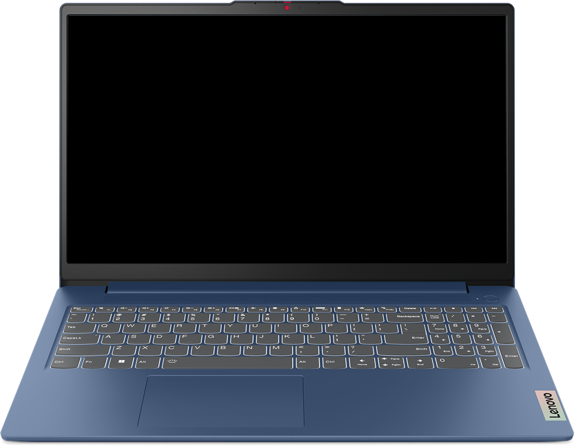 Egy kék Lenovo laptop van nyitva, fekete képernyővel és háttérvilágítású billentyűzettel.