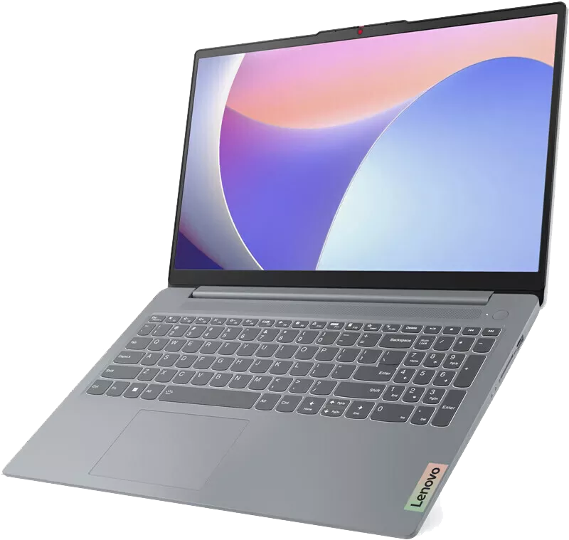 Egy szürke Lenovo laptop nyitott képernyővel, elvont háttérrel, fekete alapon.
