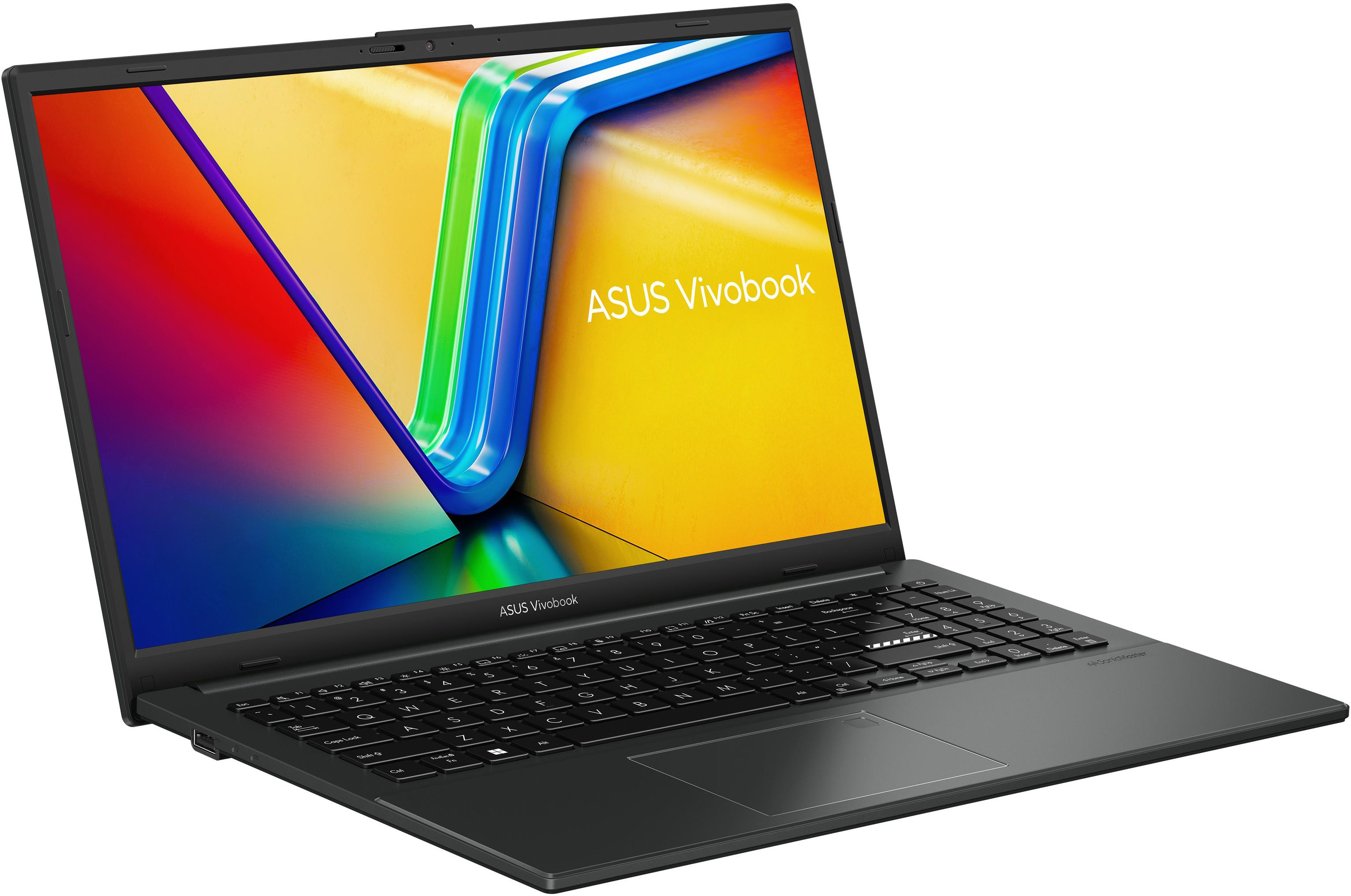 Fekete Asus Vivobook laptop színes háttérképpel a képernyőn, fehér háttérre izolálva.