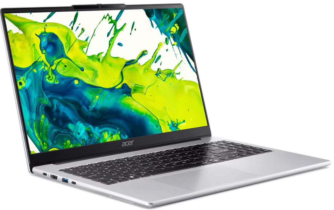 Ezüst színű Acer laptop fekete billentyűzettel, valamint színes zöld és kék festékfröccsenéses háttérképpel.