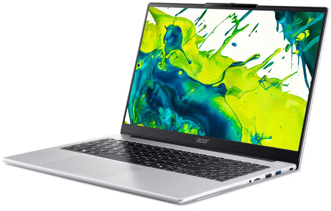 Egy ezüst laptop fekete billentyűzettel és színes zöld-kék fröccsenő háttérképpel.
