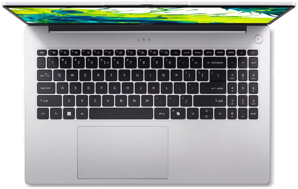 Ezüst színű laptop felülnézete fekete billentyűzettel és színes absztrakt háttérrel a képernyőn.