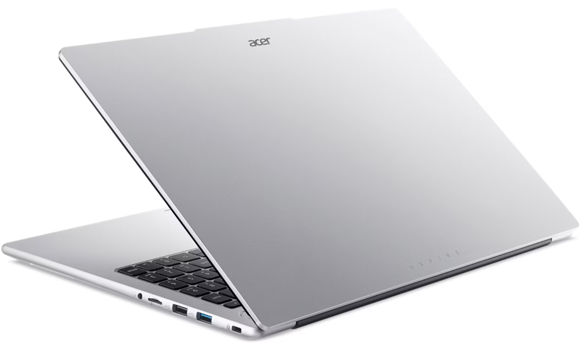 Egy ezüst Acer laptop fehér háttéren, a lecsukott fedéllel és a billentyűzettel.