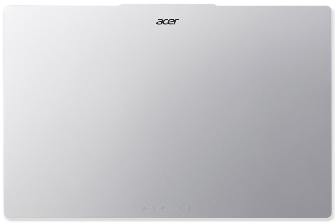 Zárt, ezüst színű Acer Aspire laptop fedél középen fekete acer logóval és halvány aspire felirattal az alján.