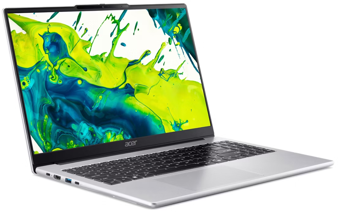 Egy ezüst Acer laptop, képernyőjén élénk zöld és kék festékfröccsenéses háttérképpel.