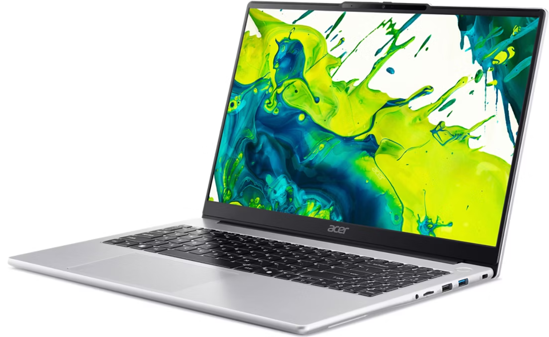 Egy ezüst Acer laptop élénkzöld és kék absztrakt háttérképet mutat.