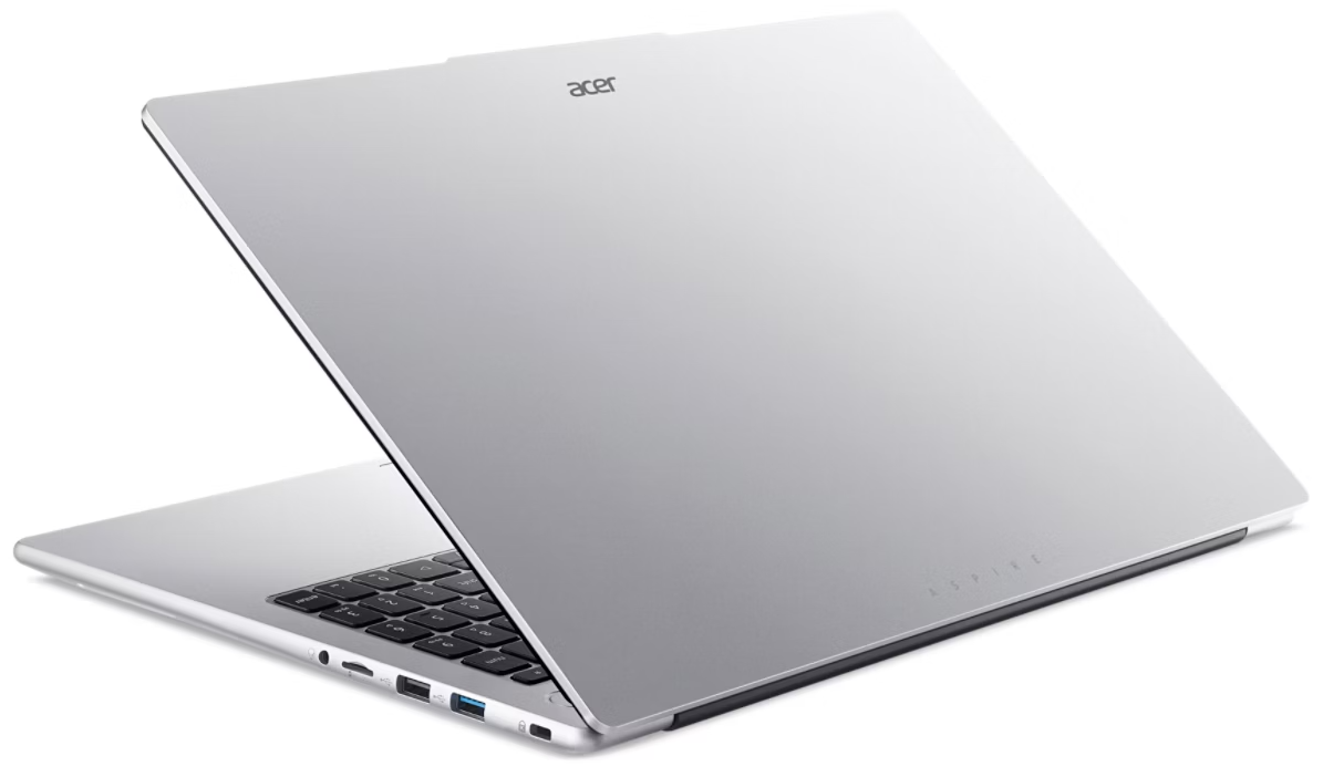 Egy ezüst színű Acer laptop hátulról nézve, fém fedéllel és billentyűzettel fehér háttér előtt.