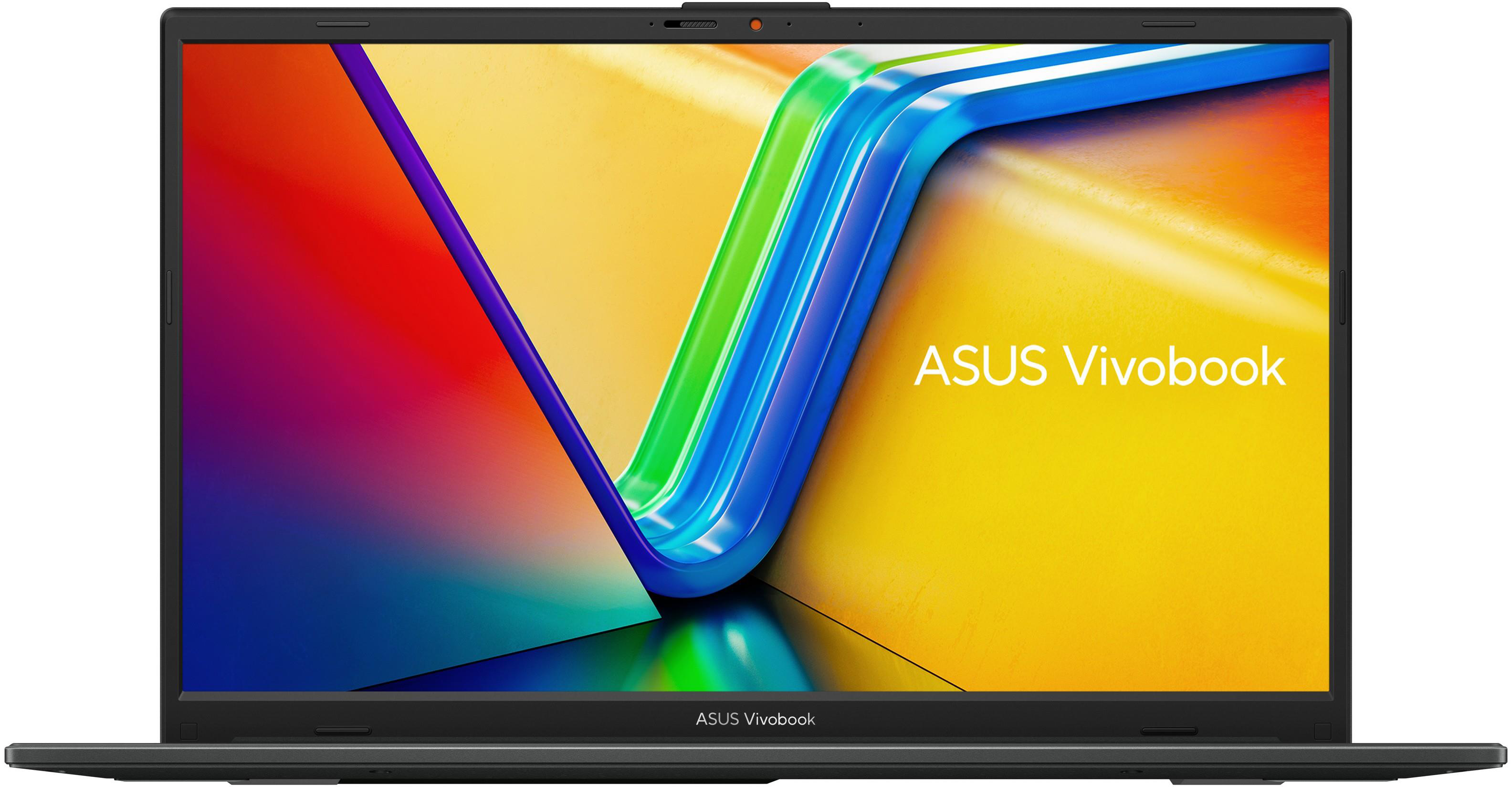 Egy ASUS Vivobook laptop elülső nézete színes absztrakt háttérképpel és a márka logójával.