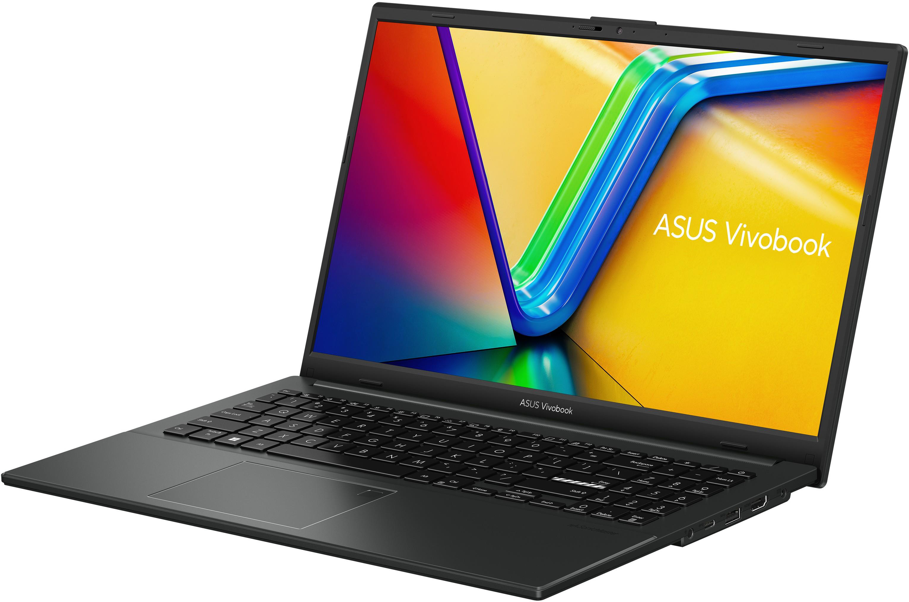 Egy fekete ASUS Vivobook laptop fehér háttérrel és színes képernyővel.