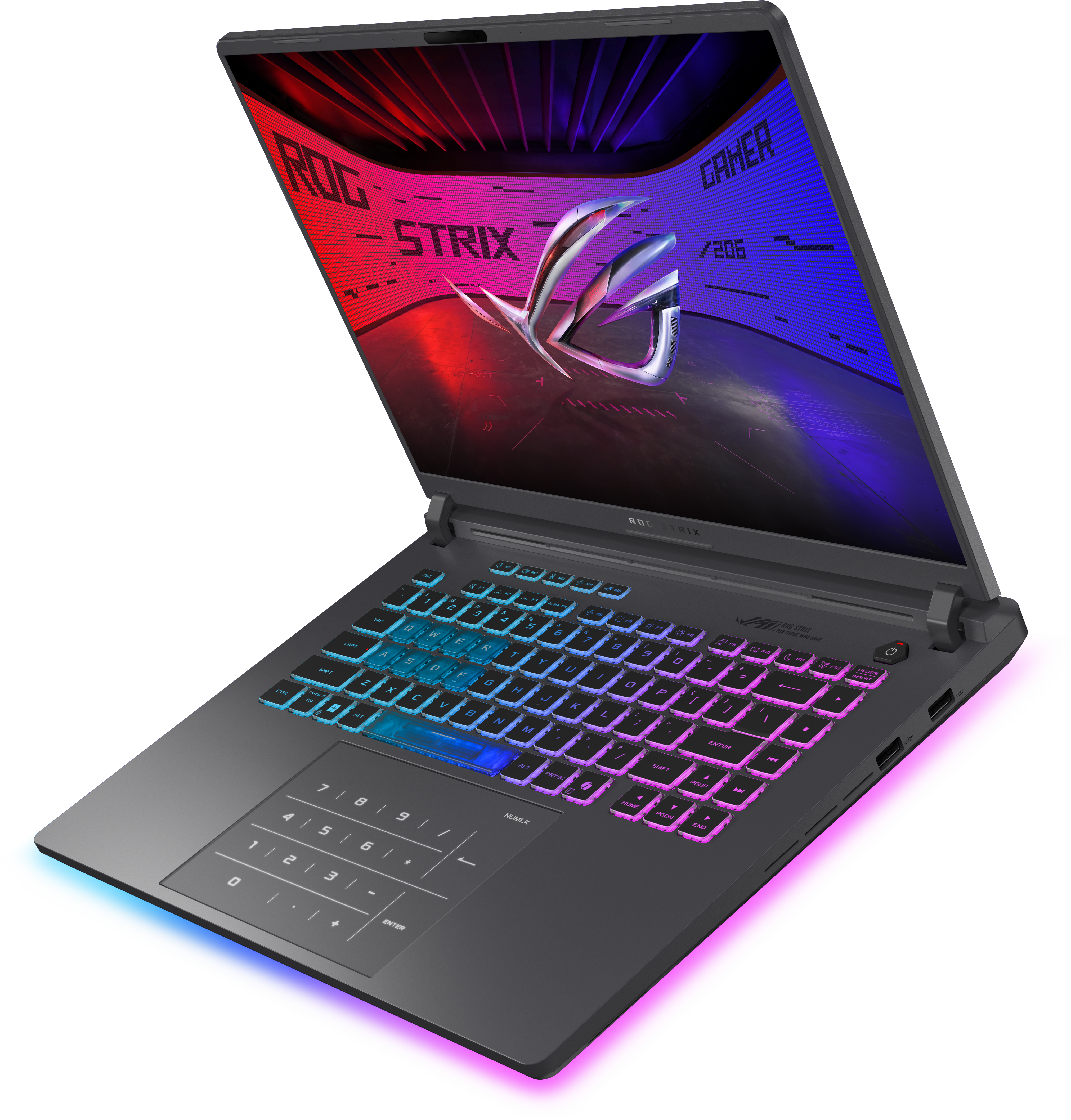 Nyitott ROG Strix gamer laptop világító billentyűzettel és logóval a képernyőn, fehér háttérrel.