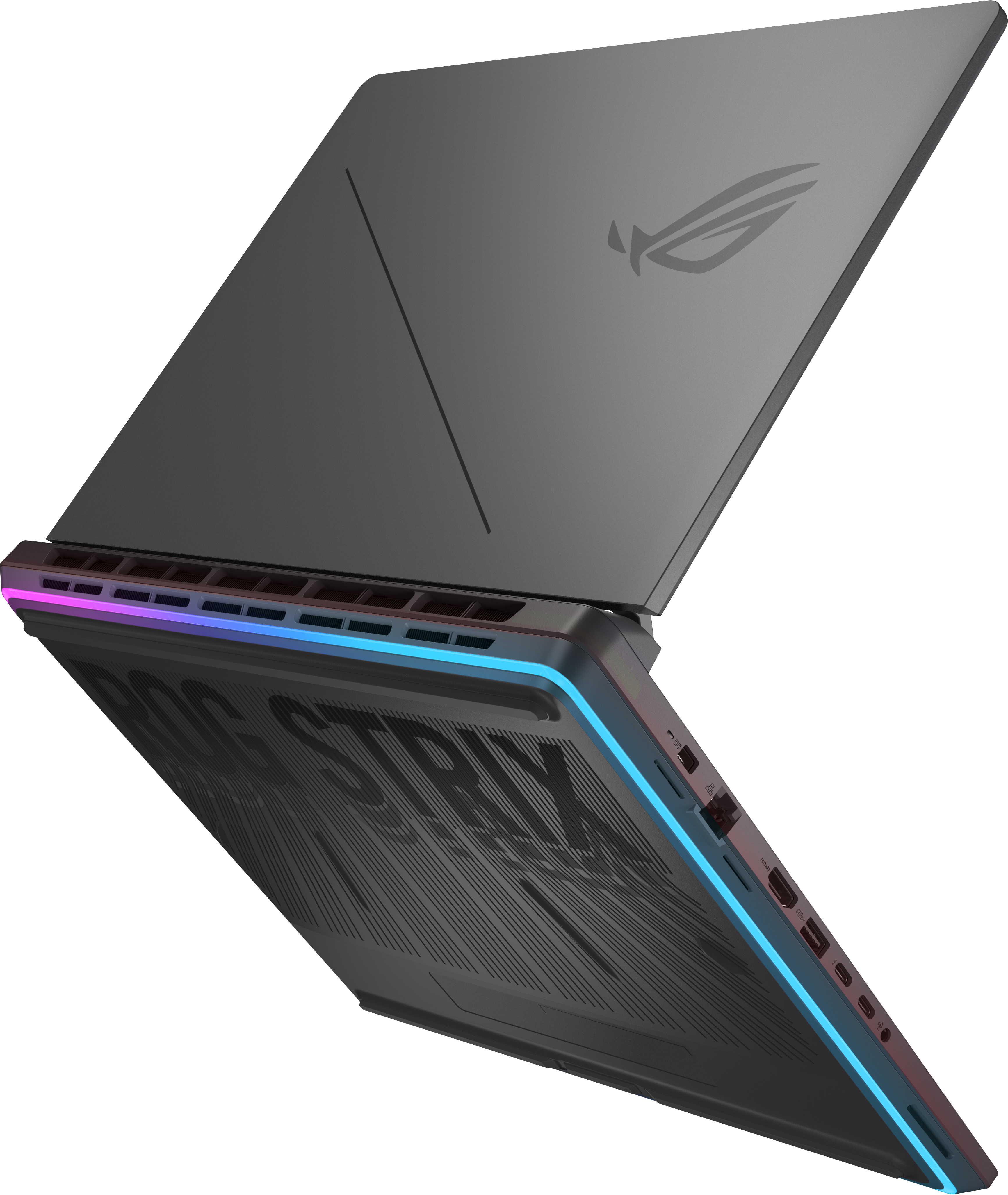 Szürke Asus ROG Strix gamer laptop kék RGB megvilágítással a hátoldalon.