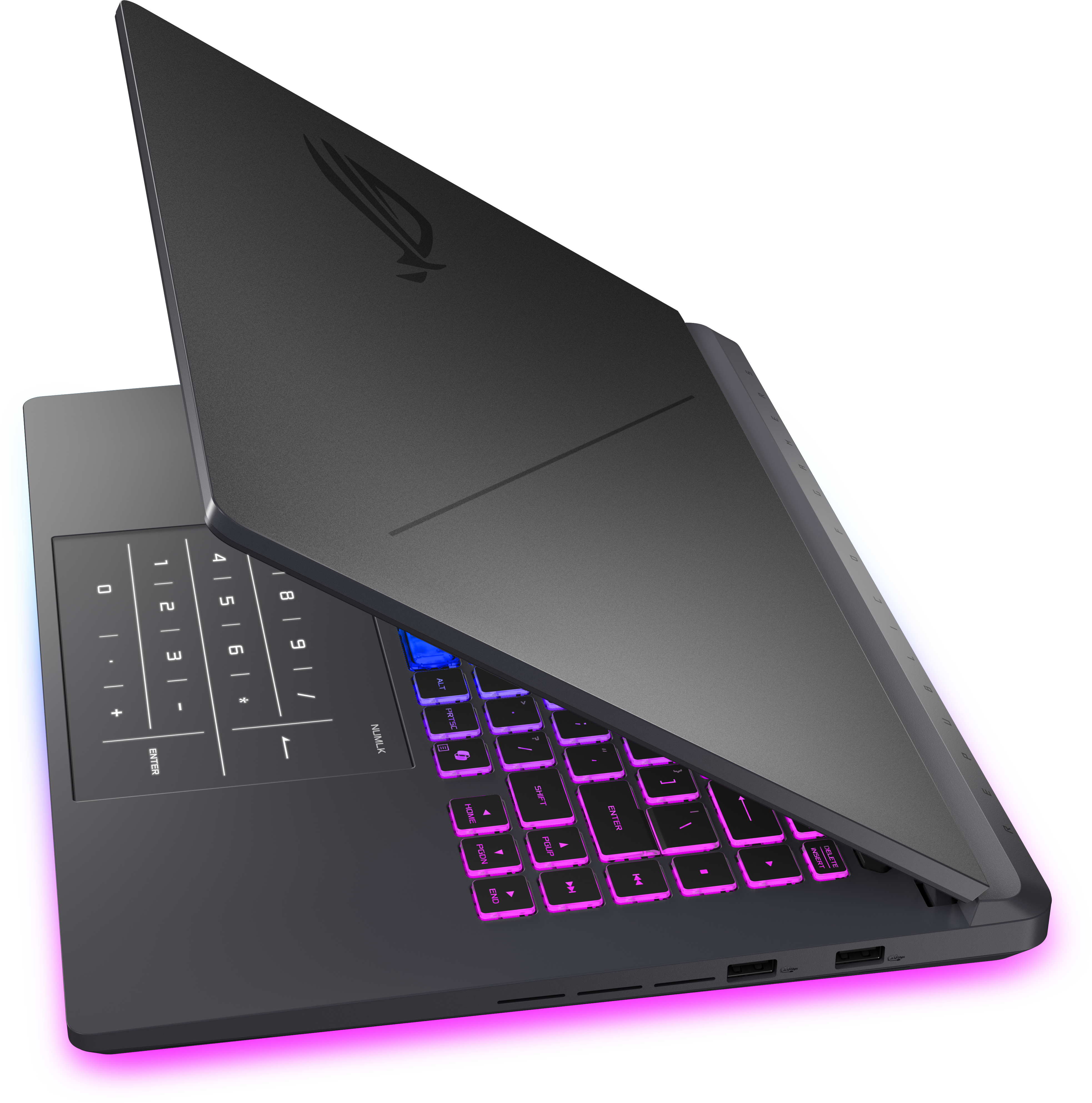 Egy fekete laptop világító rózsaszín billentyűzettel és numerikus paddal az érintőpadról.