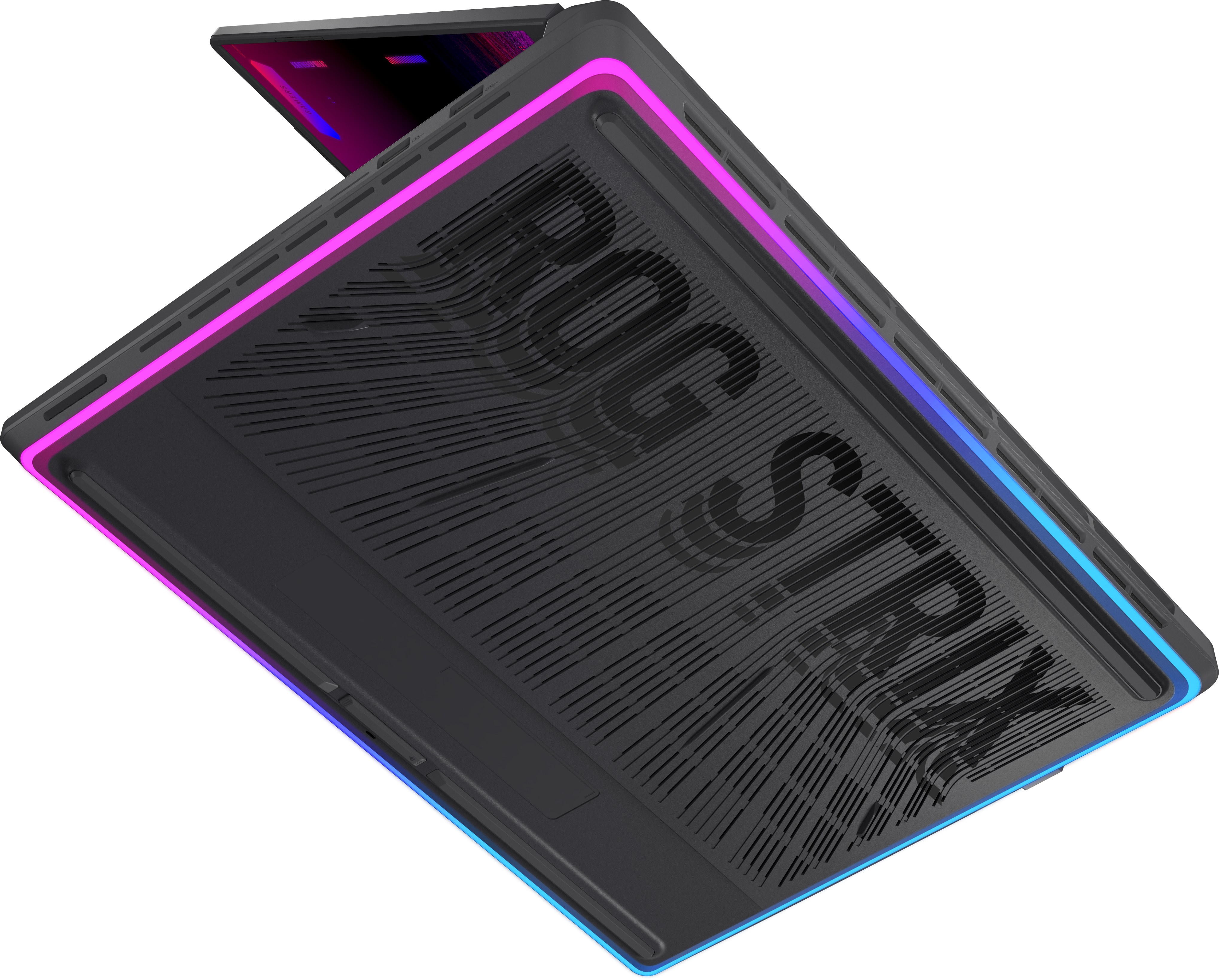 Egy ROG Strix gamer laptop sötét dizájnnal és színes RGB megvilágítással fekete háttér előtt.