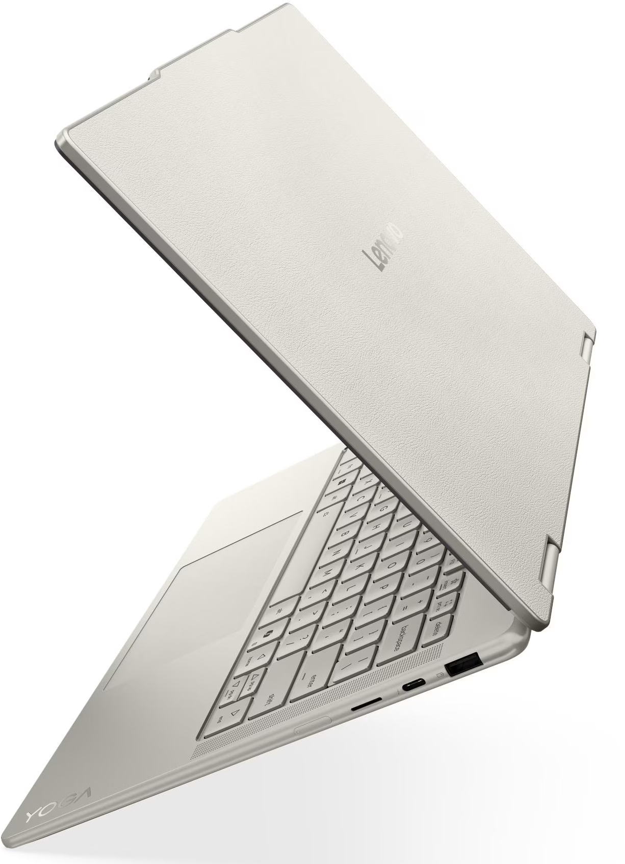 Egy nyitott, fehér Lenovo Yoga laptop ferdén elhelyezve fehér háttér előtt.