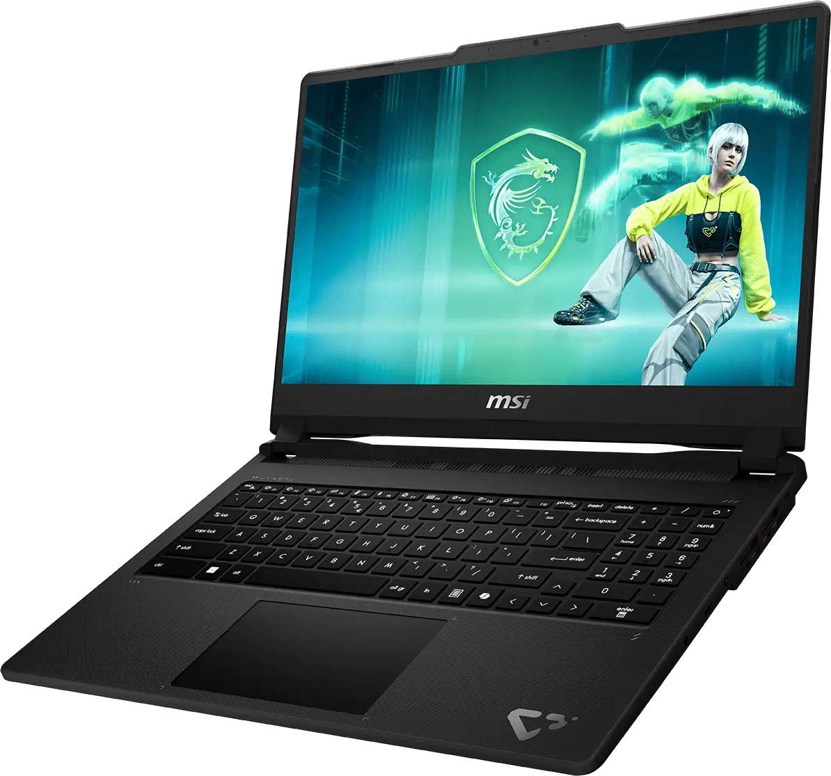 Egy fekete MSI gamer laptop zöld sárkány logóval és karakter grafikával a képernyőn.