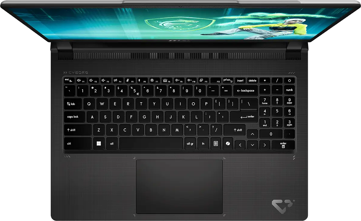 Felülnézet egy nyitott, fekete MSI gamer laptopról, háttérvilágítású billentyűzettel és világító képernyővel.