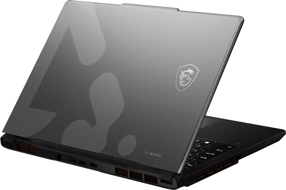 Szürke MSI laptop sárkány logóval a fedelén, fekete háttér előtt.