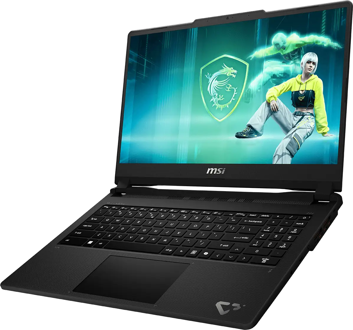 Fekete MSI gamer laptop kék képernyővel és sárkány logóval fekete háttér előtt.
