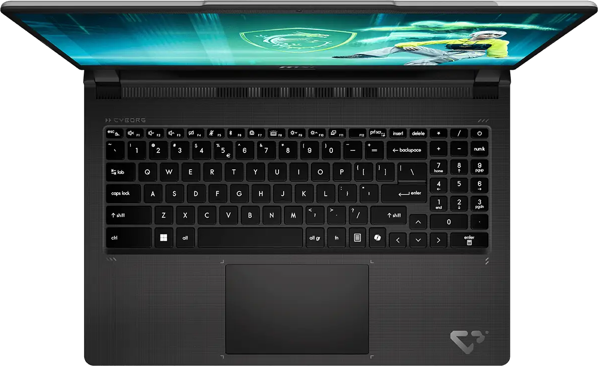 Fekete MSI laptop felülnézetből, háttérvilágítású billentyűzettel, numerikus paddal és aktív képernyővel.