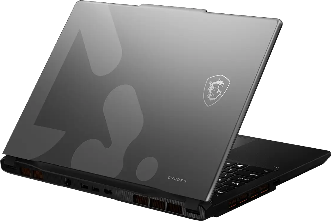 Egy szürke MSI Cyborg laptop fekete házzal és háttérvilágítású billentyűzettel, fekete háttér előtt.