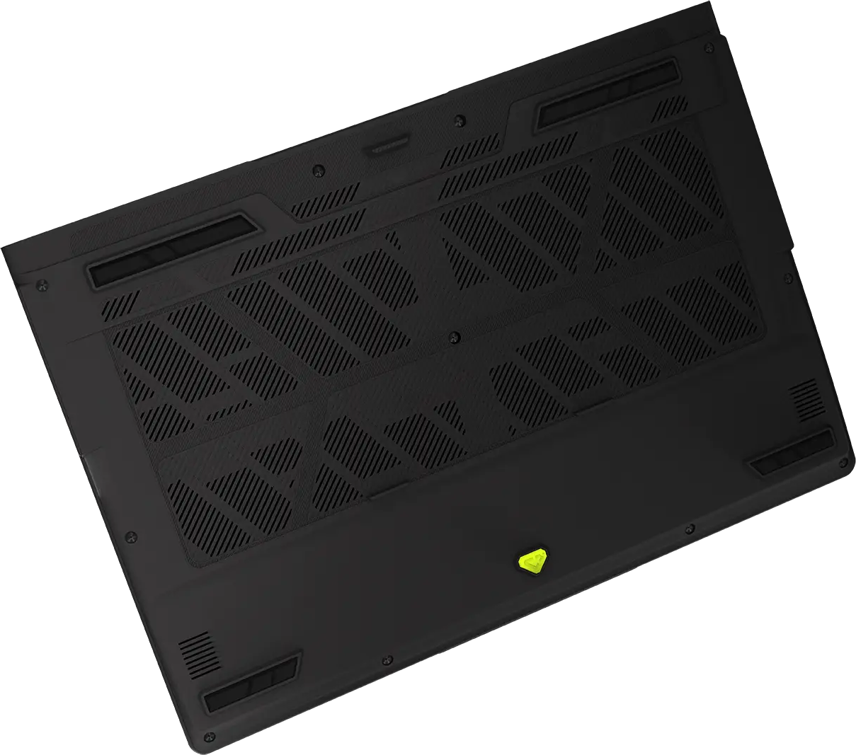 Fekete laptop alja szellőzőrácsokkal és egy kis élénkzöld logóval a közepén.