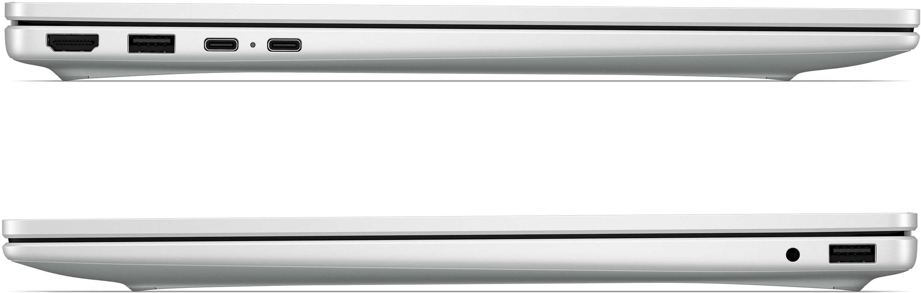 Egy ezüst laptop oldalsó nézete HDMI, USB és USB-C portokkal.