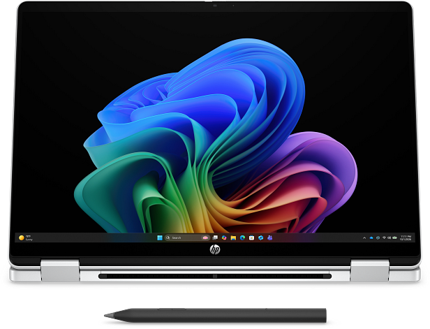 Egy HP laptop színes absztrakt háttérképpel és egy stylus tollal előtte.