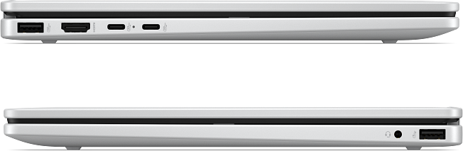 Egy zárt ezüst laptop oldalnézete USB, HDMI és audio portokkal, fekete háttér előtt.