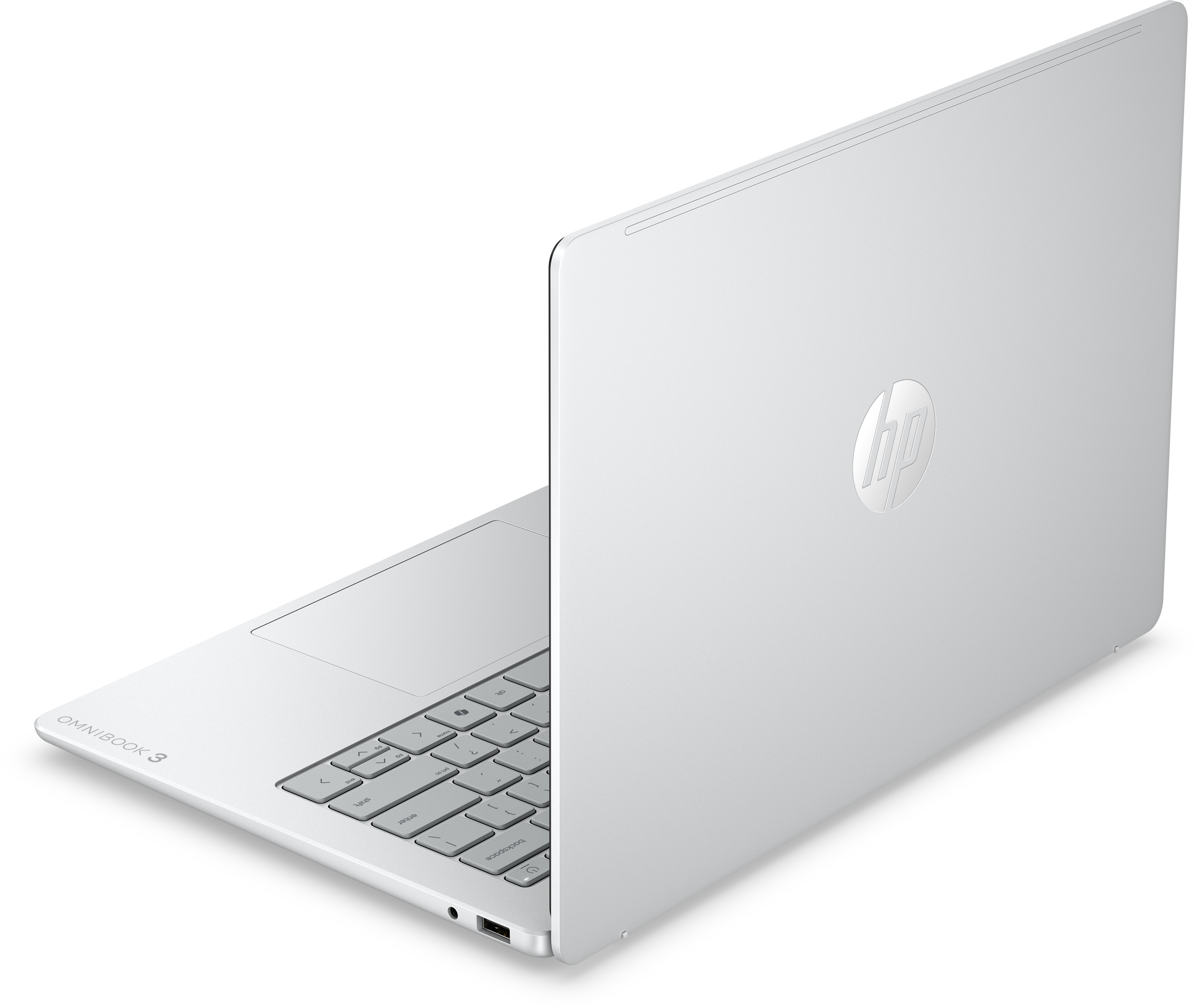 Ezüst színű HP Omnibook 3 laptop, kissé nyitva, logóval és billentyűzettel fehér háttér előtt.