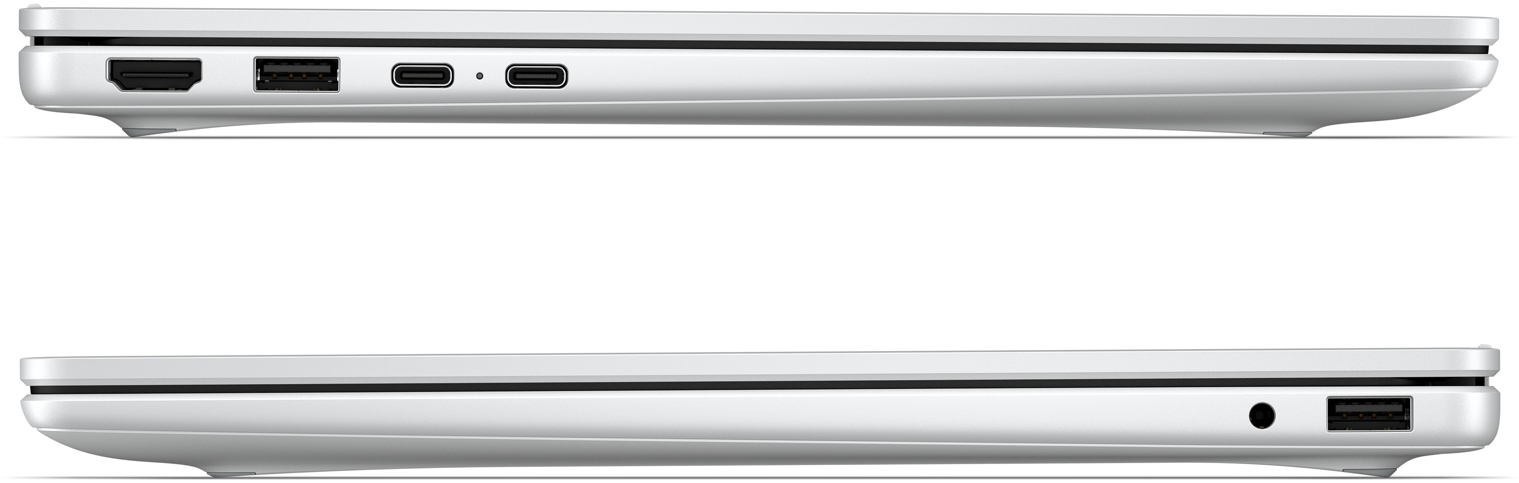 Egy ezüst laptop oldalszögei HDMI, USB és USB-C portokkal.