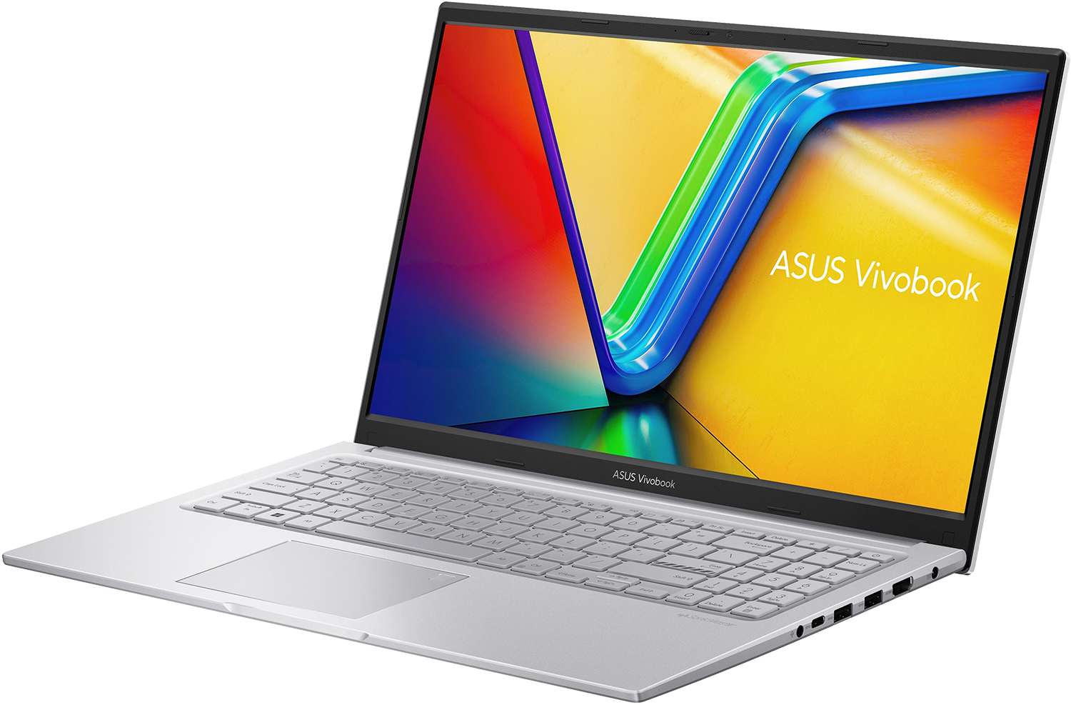 Ezüstszínű ASUS Vivobook laptop színes képernyővel, fekete háttér előtt.