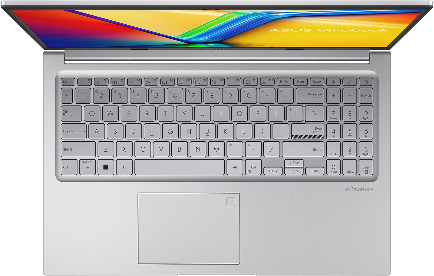 Felülnézet egy ezüst ASUS Vivobook laptopról, nyitott képernyő színes háttérrel, numerikus billentyűzettel.