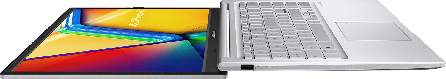Egy ezüst laptop élénk, színes képernyővel fekete háttér előtt.