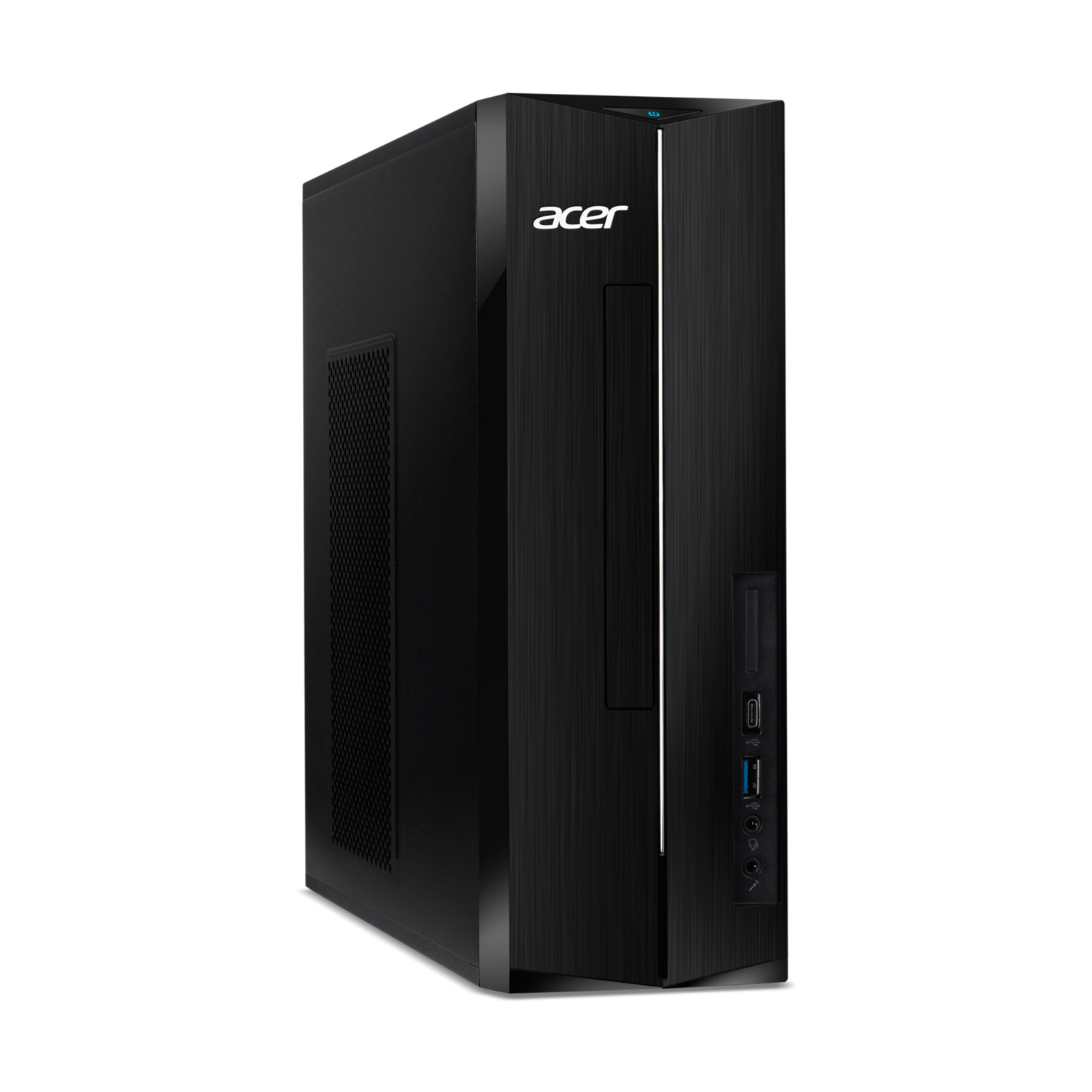 Un PC desktop Acer nero con una striscia luminosa verticale su sfondo bianco.