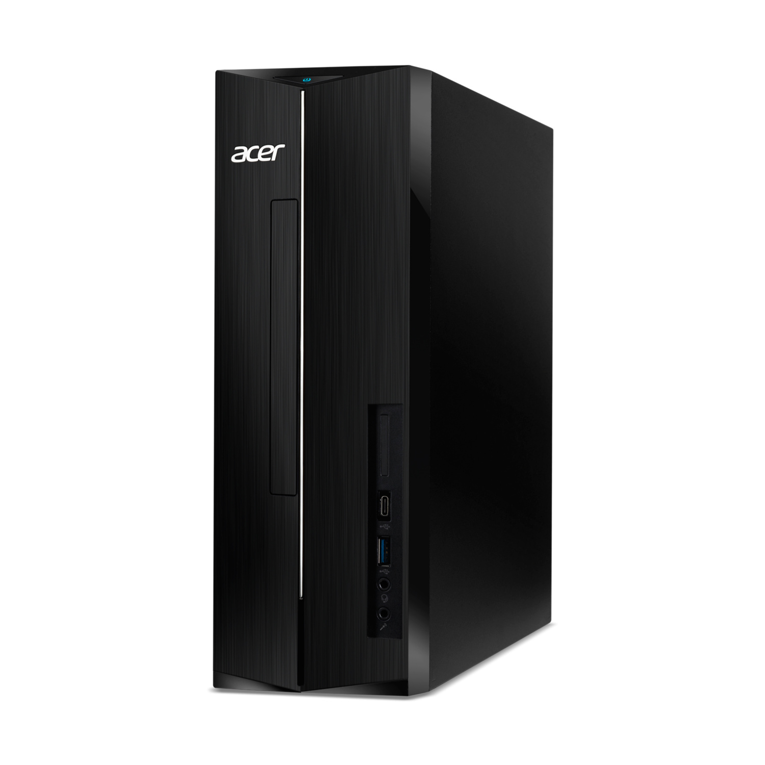 Un tower per computer desktop Acer nero con porte e una striscia luminosa verticale sul davanti.