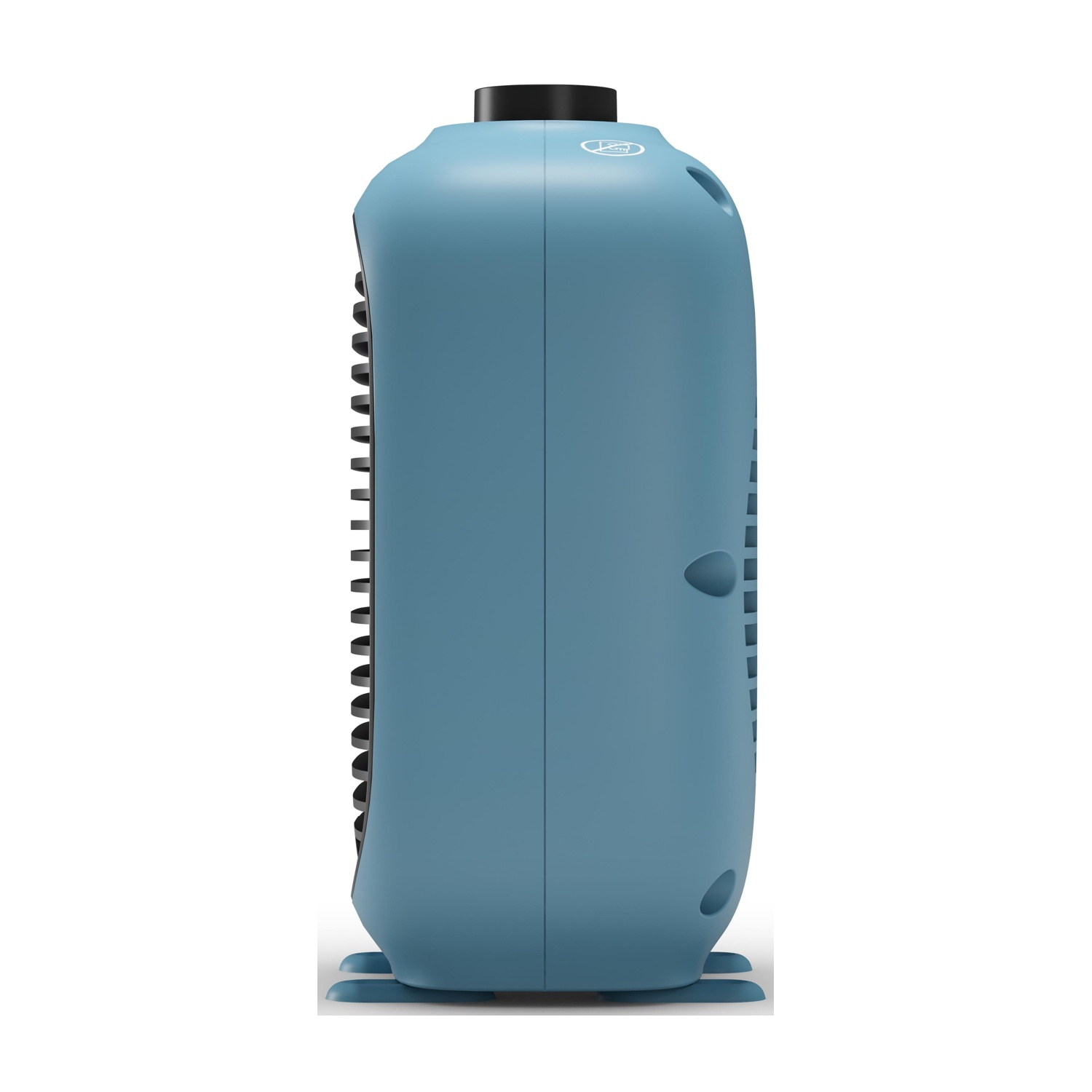 Una stufa portatile blu con griglia nera e manopola superiore poggia su piccoli piedi su sfondo bianco.