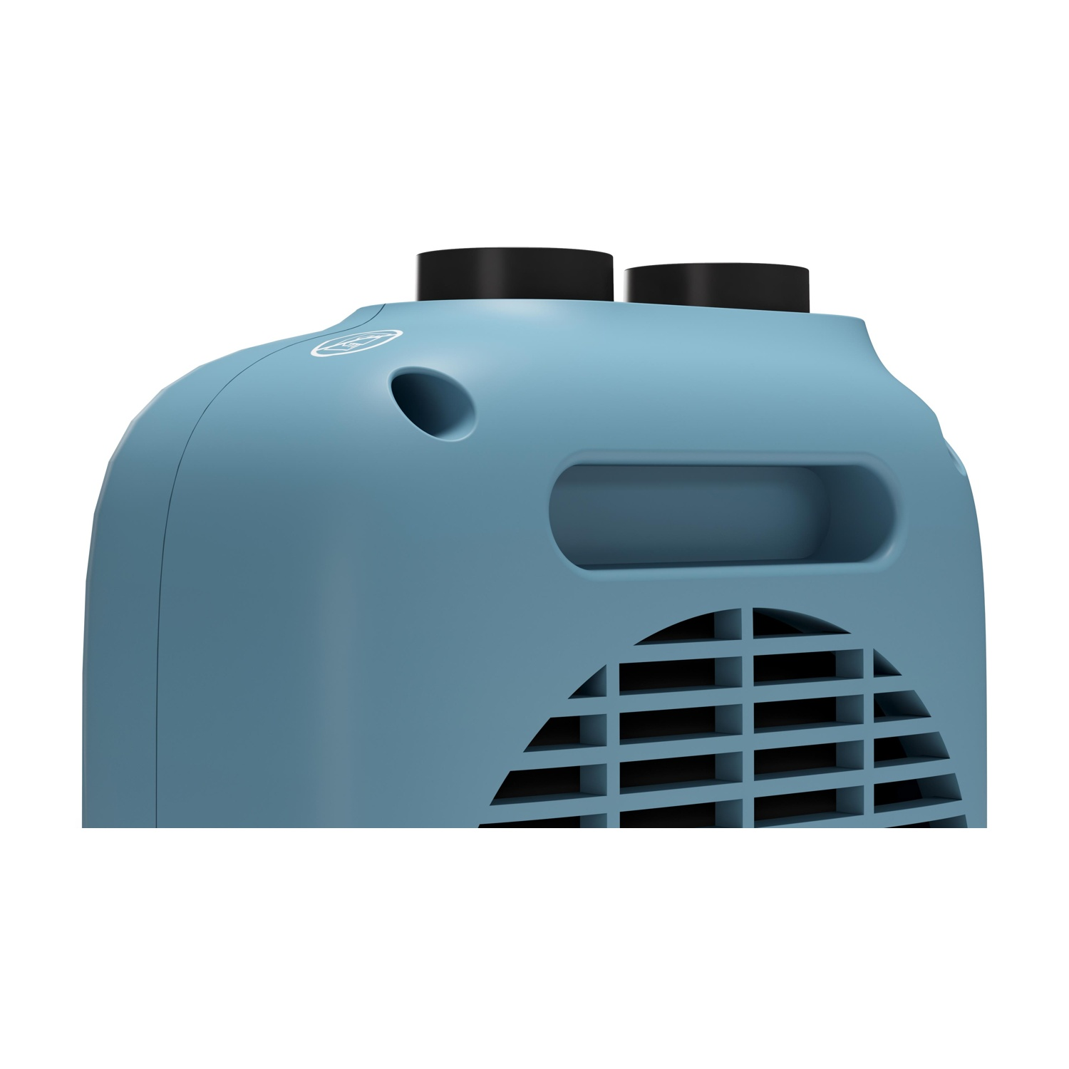 Un termoventilatore blu con due manopole nere in alto e griglie anteriori su sfondo bianco.