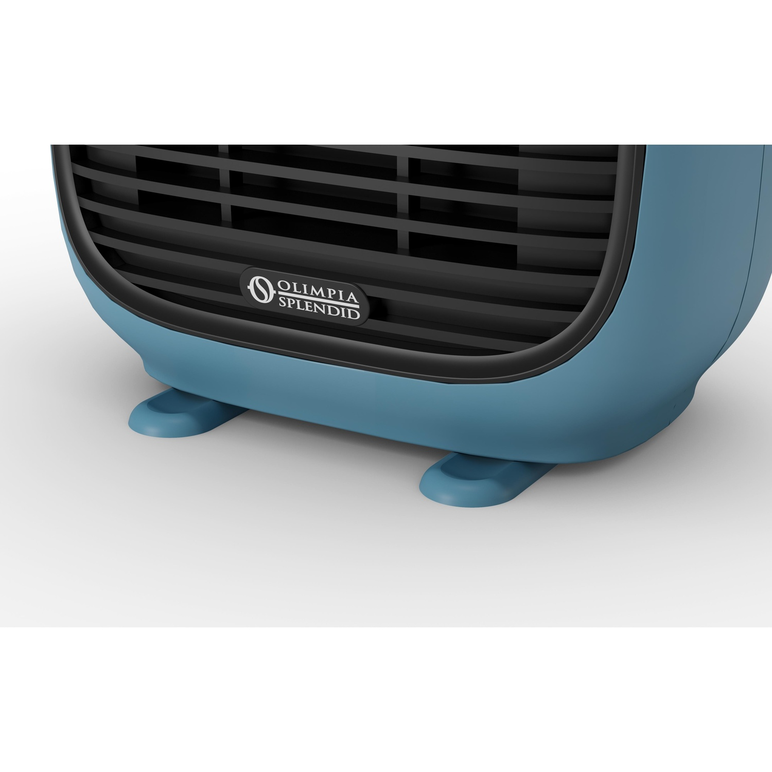 Primo piano di un termoventilatore blu con griglia nera e logo Olympia Splendid su sfondo bianco.